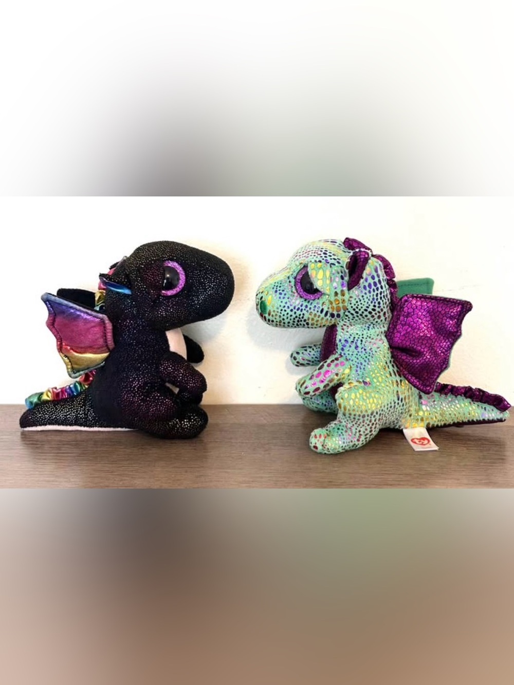 Ty Sparkle Plush Dragon Pair - Black and Mint Green with Purple Accents